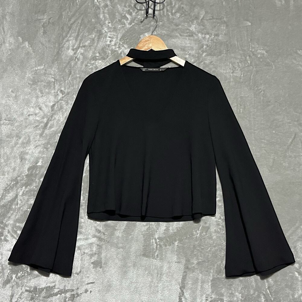 Zara‎ Trafaluc Cropped Bell Sleeve Choker Blouse Womens XS Black Whimsigoth Top
